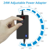 SHNITPWR Universal Power Adapter 3V ~ 24V 1A 24W AC Adapter 3V 5V 6V 9V 12V 15V 18V 19V 20V 24V 500mA 1000mA Adjustable Power Supply Converter Transformer 100V-240V in with 14 Tips Polarity Converter